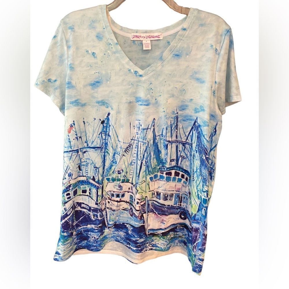 Leoma Lovegrove Sz M Blue Fishing Shrimp Boats Florida Short Sleeve T-Shirt